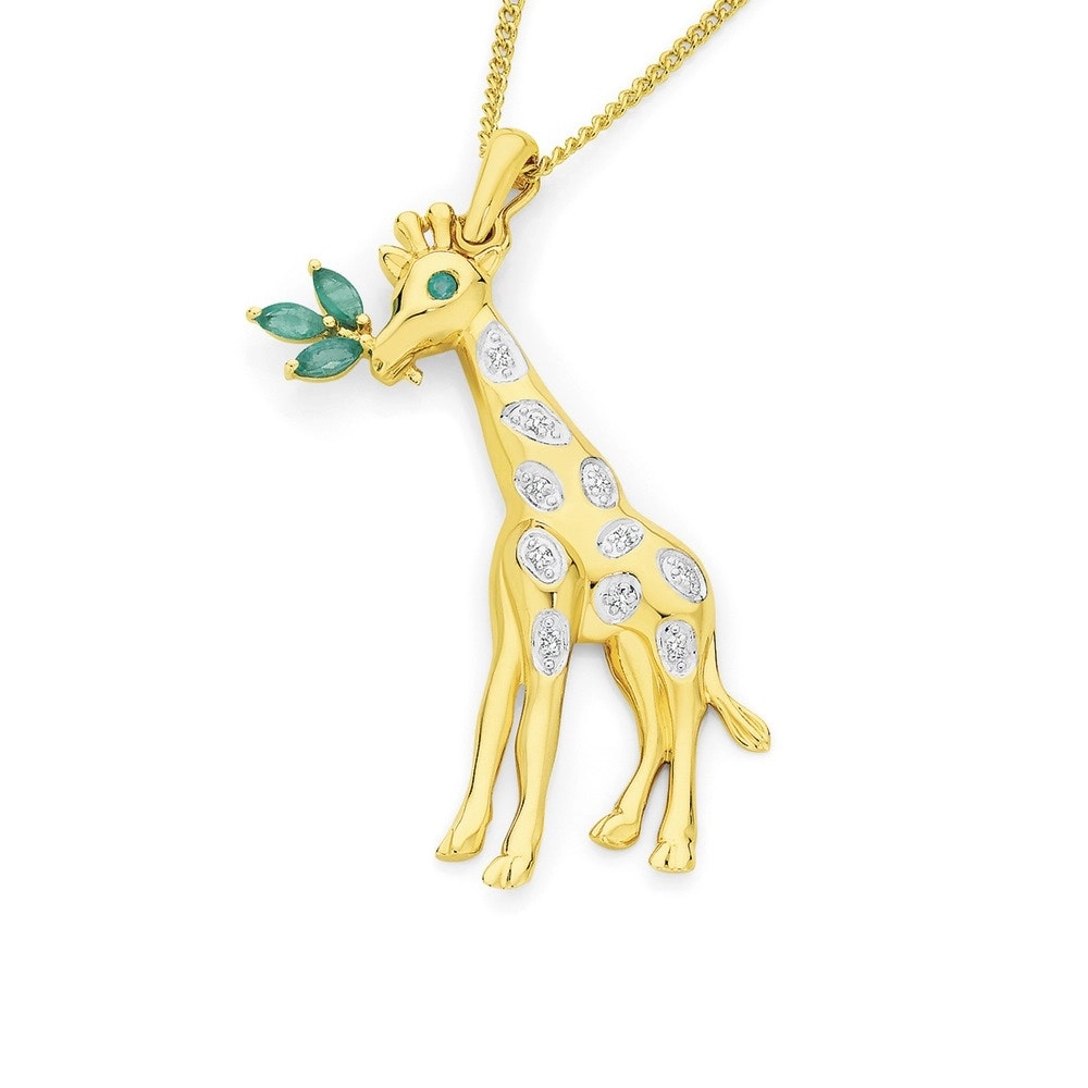 9ct Gold Natural Emerald & Diamond Giraffe Pendant