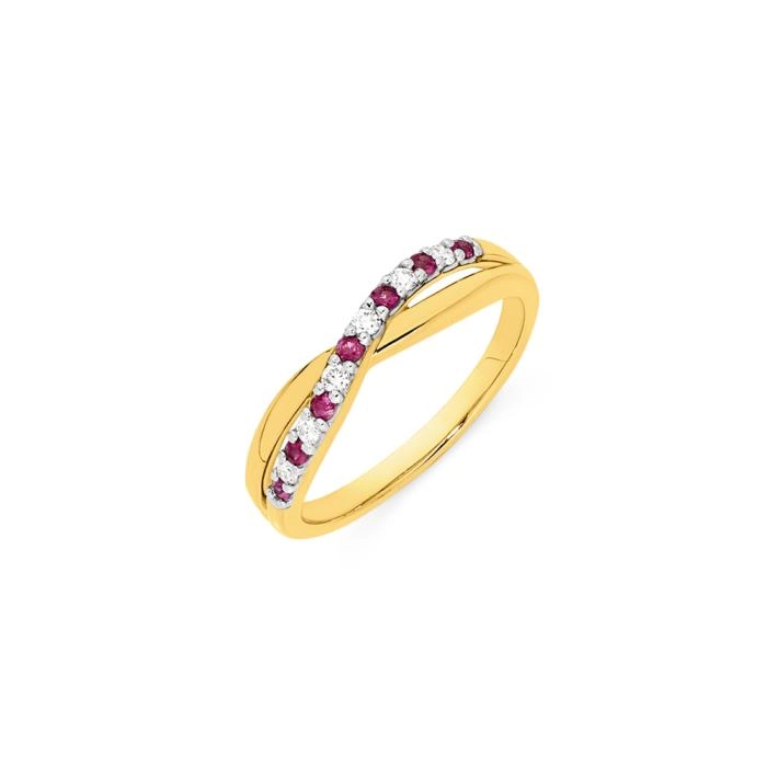 9ct Gold Natural Ruby & Diamond Crossover Ring