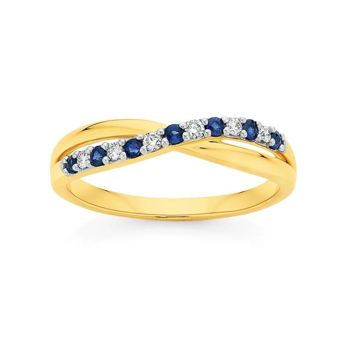 9ct Gold Natural Sapphire & Diamond Crossover Ring