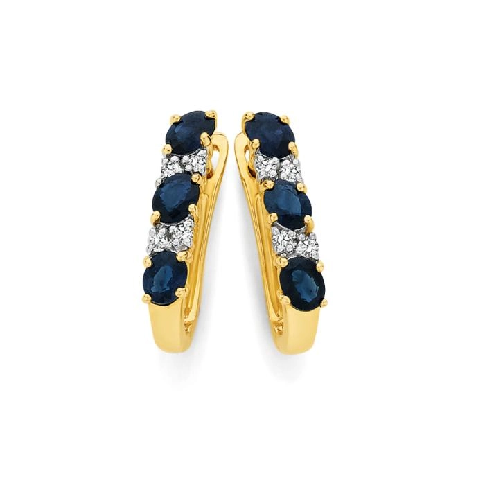 9ct Gold Natural Sapphire & Diamond Hoop Earrings