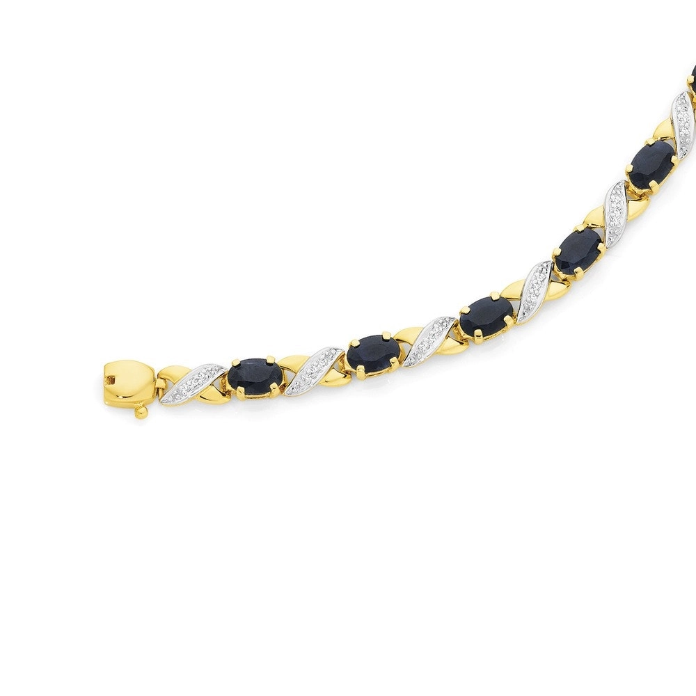 9ct Gold Natural Sapphire & Diamond Oval Cut Kiss Bracelet