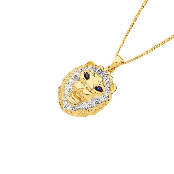 9ct Gold Natural Sapphire Eyes Lion Head Gents Pendant