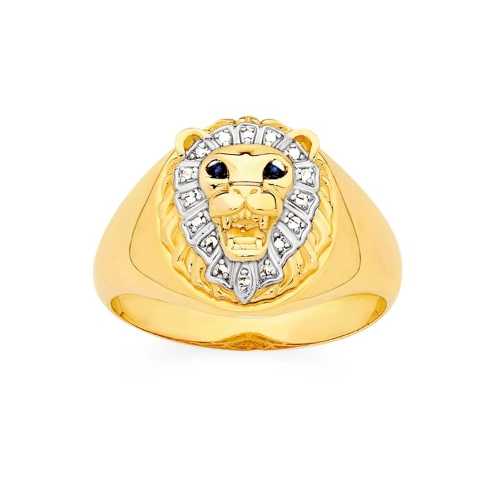 9ct Gold Natural Sapphire Eyes Lion Head Gents Ring