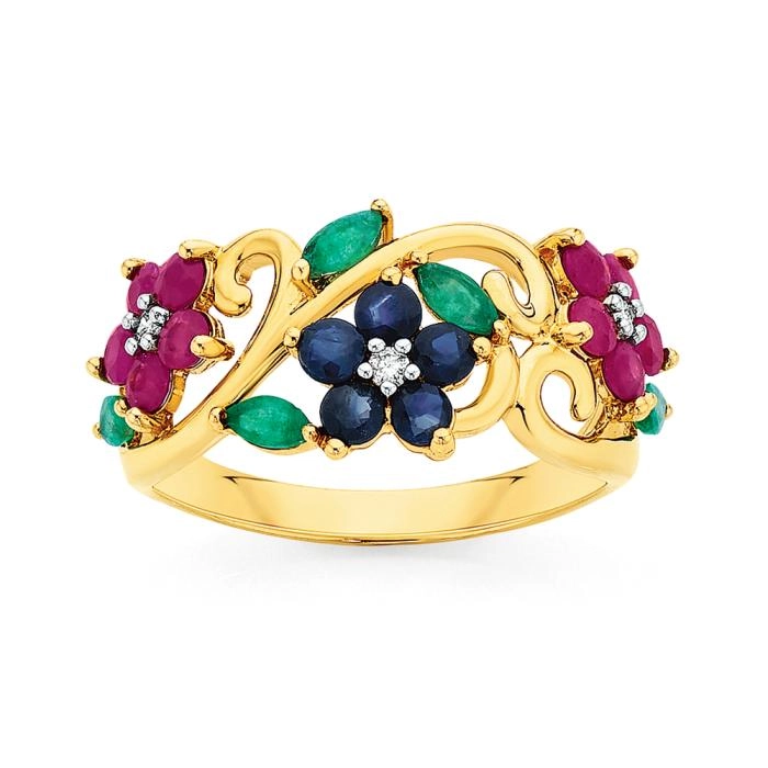 9ct Gold Natural Sapphire, Ruby, Emerald & Diamond Ring