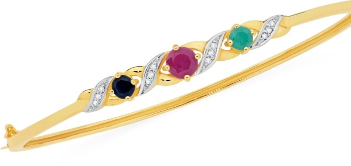 9ct Gold Natural Sapphire, Ruby, Emerald & Diamond Trilogy Bangle