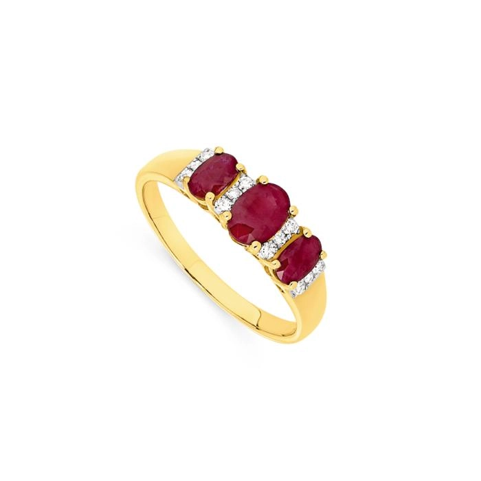 9ct Gold Ruby & Diamond Oval Trilogy Ring