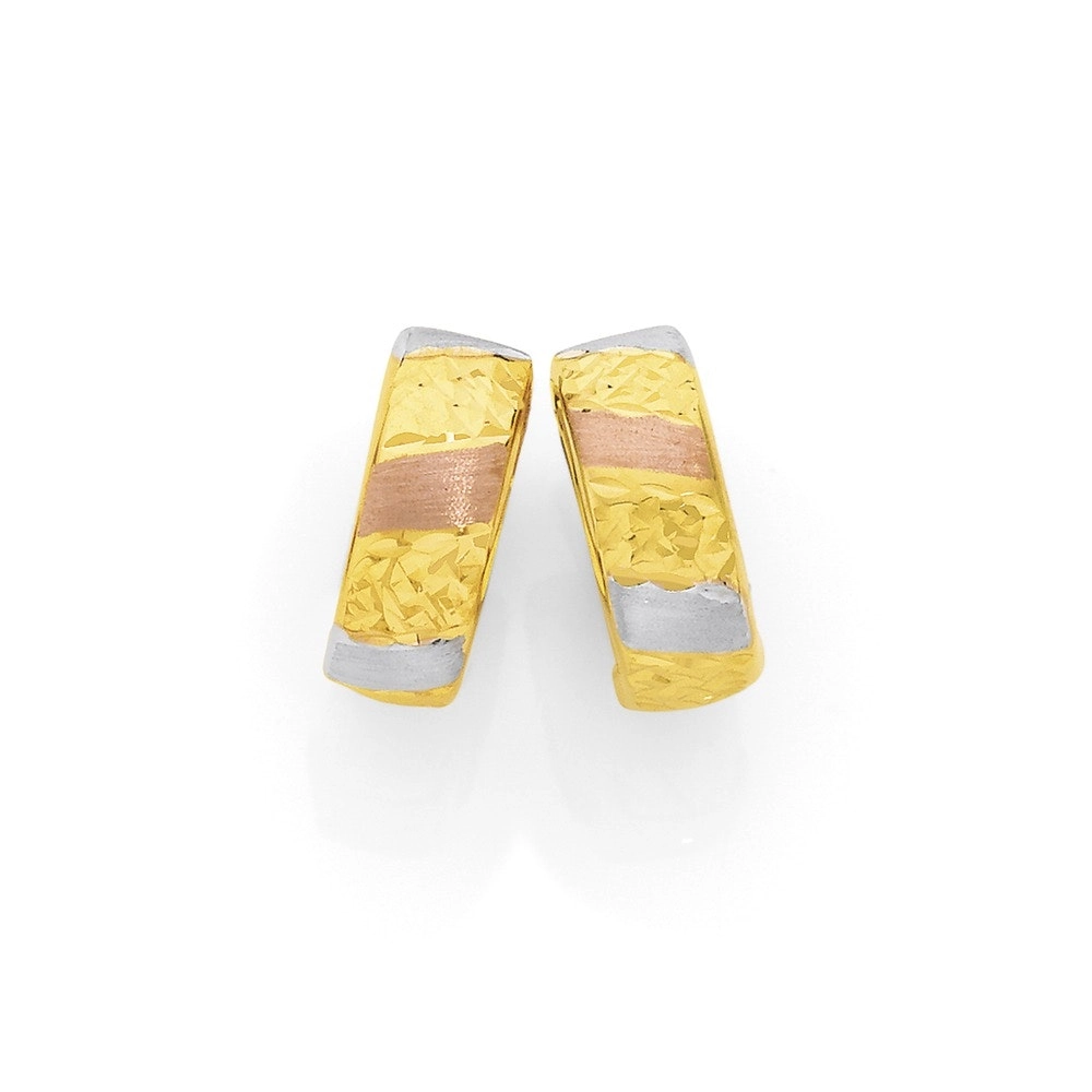 9ct Gold Tri Tone 4x10mm Huggie Earrings