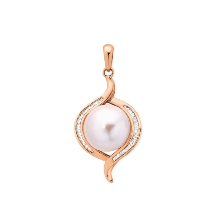 9ct Rose Gold Natural Cultured Freshwater Pearl & Diamond Swirl Pendant