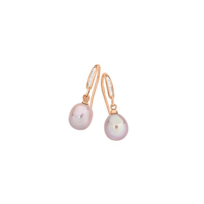 9ct Rose Gold Pink Cultured Freshwater Pearl & Diamond Hook Earrings