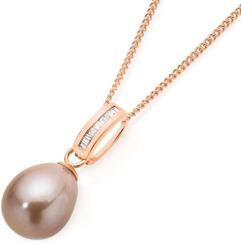 9ct Rose Gold Pink Cultured Freshwater Pearl & Diamond Pendant