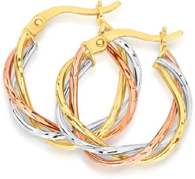 9ct Tri Tone Gold 12mm Open Plait Hoop Earrings