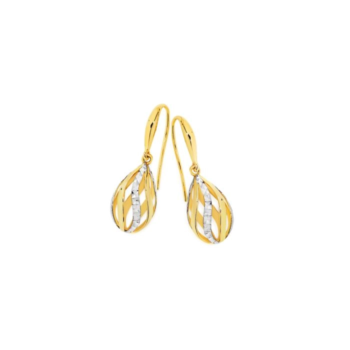 9ct Two Tone Gold Diamond-Cut Swirl Teardrop Hook Drop Earrings