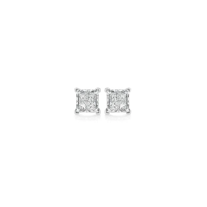 9ct Two Tone Gold Diamond Invisible Princess Cut Stud Earrings