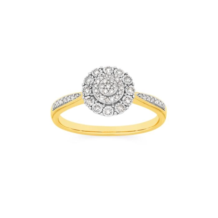 9ct Two Tone Gold Diamond Round Cluster Ring