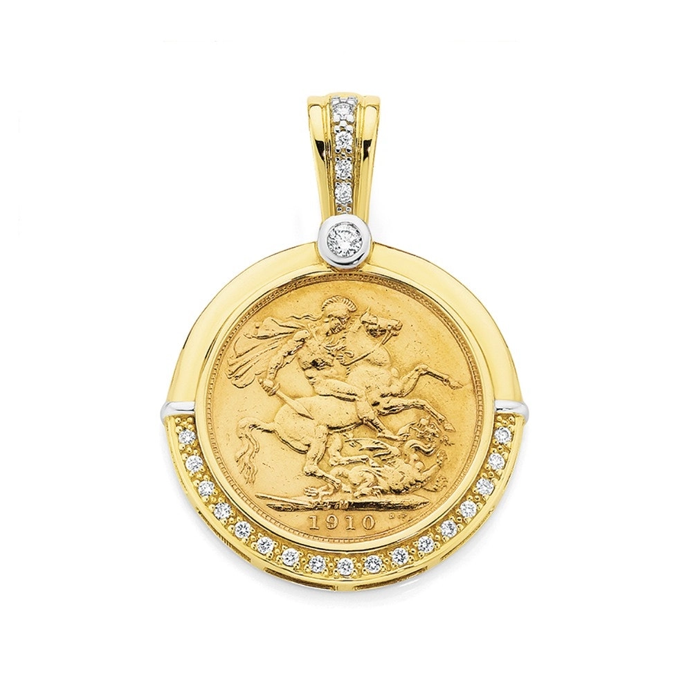 9ct Two Tone Gold Diamond Set 22ct Full Sovereign Enhancer Pendant