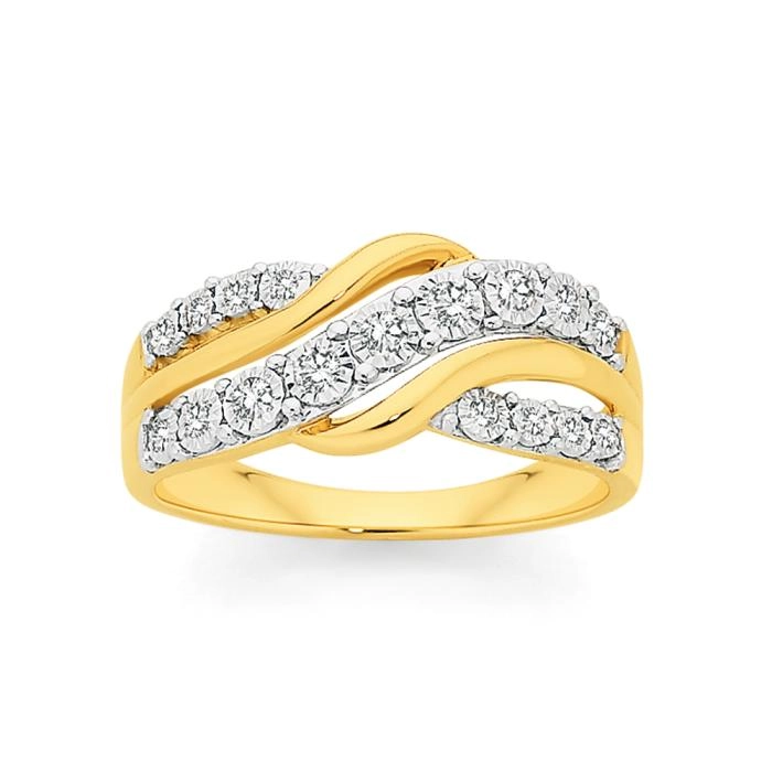 9ct Two Tone Gold Diamond Swirl Crossover Ring