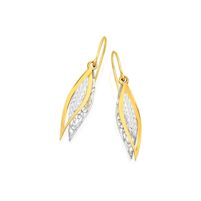 9ct Two Tone Gold Double Diamond-Cut Mesh & Open Leaf Hook Earrings