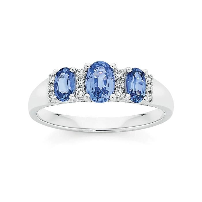 9ct White Gold Ceylon Sapphire & Diamond Oval Trilogy Ring