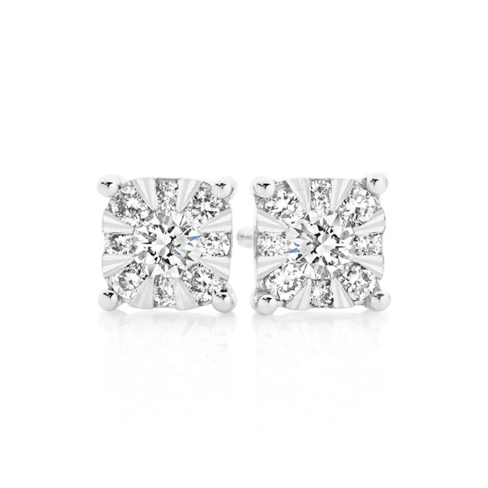 9ct White Gold Diamond Cushion Cluster Earrings