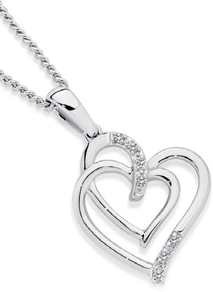 9ct White Gold Diamond Double Linked Heart Pendant