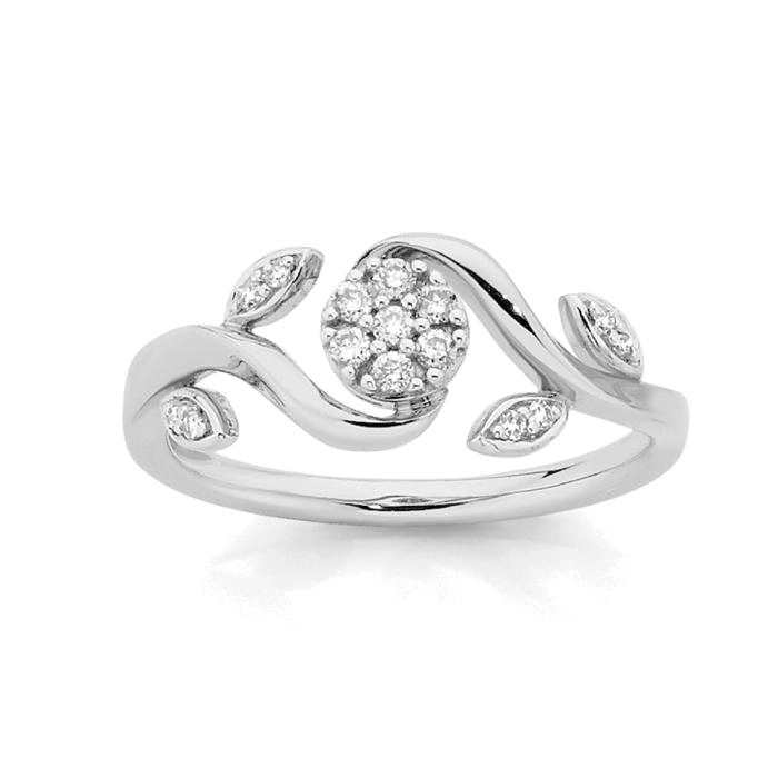 9ct White Gold Diamond Flower & Leaf Ring