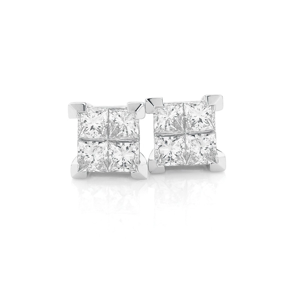 9ct White Gold Diamond Princess Cut Stud Earrings