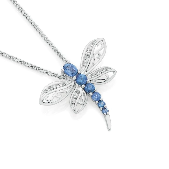 9ct White Gold Natural Ceylon Sapphire & Diamond Dragonfly Slider Pendant