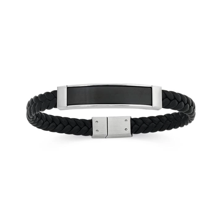 M+Y Stainless Steel 21cm Leather Plait Idenitty Gents Bracelet