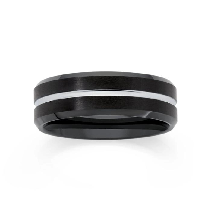 M+Y Tungsten Carbide Black & Sterling Silver Plate Line Gents Ring