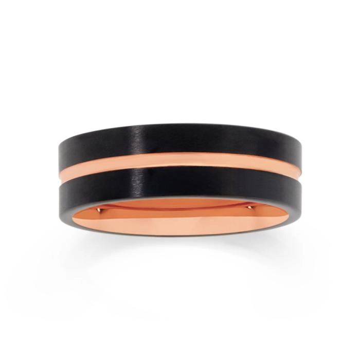 M+Y Tungsten Carbide Matte Black & Rose Gold Plate Gents Ring