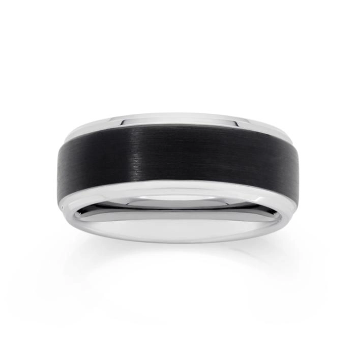 M+Y Tungsten Carbide Matte Black & Sterling Silver Plate Edge Gents Ring