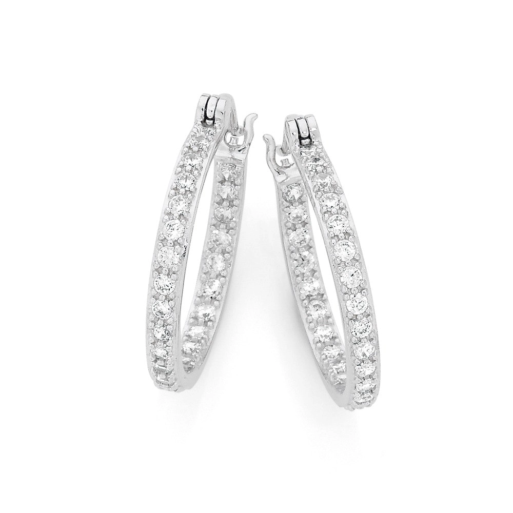 Sterling Silver 20mm Cubic Zirconia Inside Out Hoop Earrings