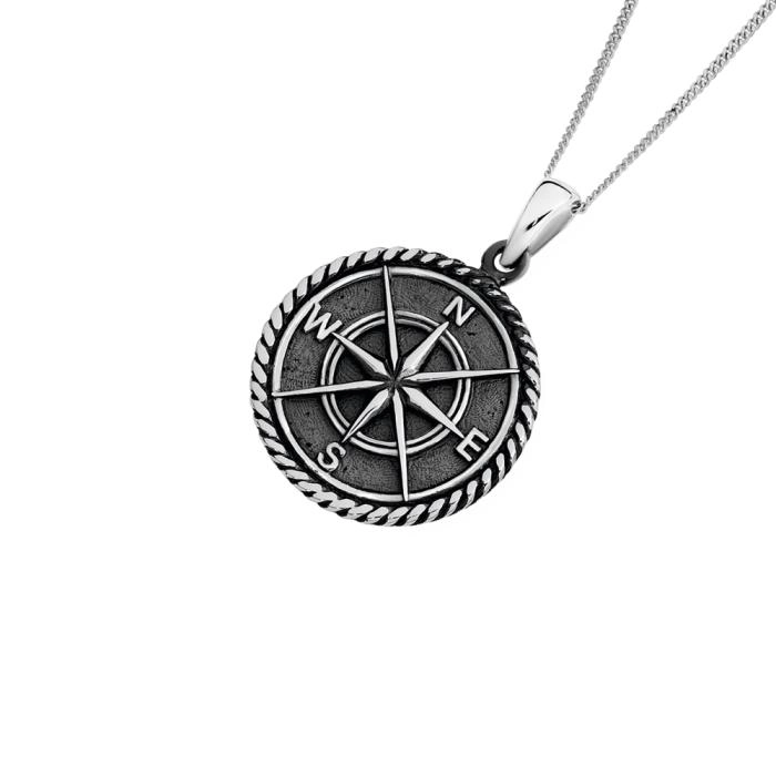 Sterling Silver 23mm Rope Edge Oxidised Compass Gents Pendant