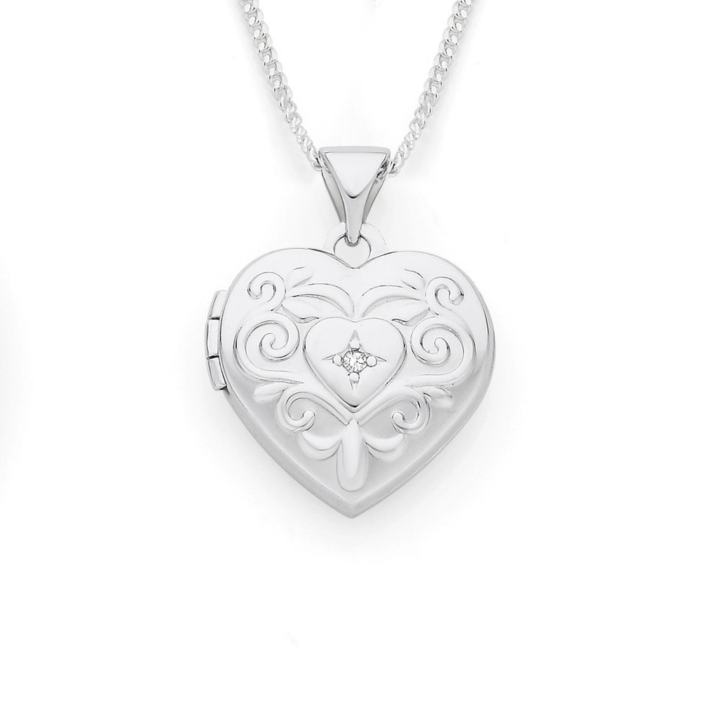 Sterling Silver Cubic Zirconia Fancy Scroll Heart Locket