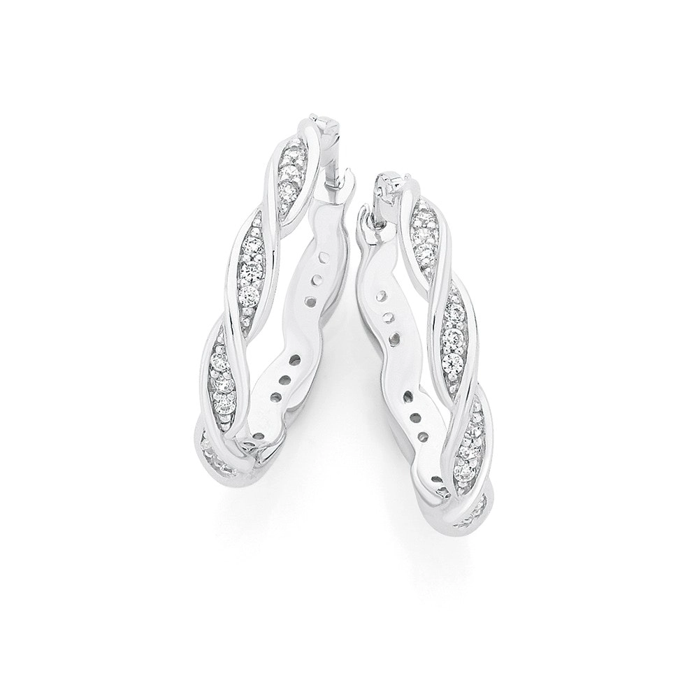 Sterling Silver Cubic Zirconia Twisted Hoop Earrings