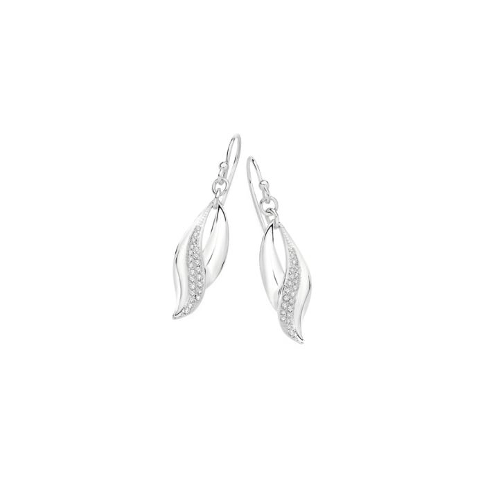 Sterling Silver Pave Cubic Zirconia Leaf Drop Hook Earrings