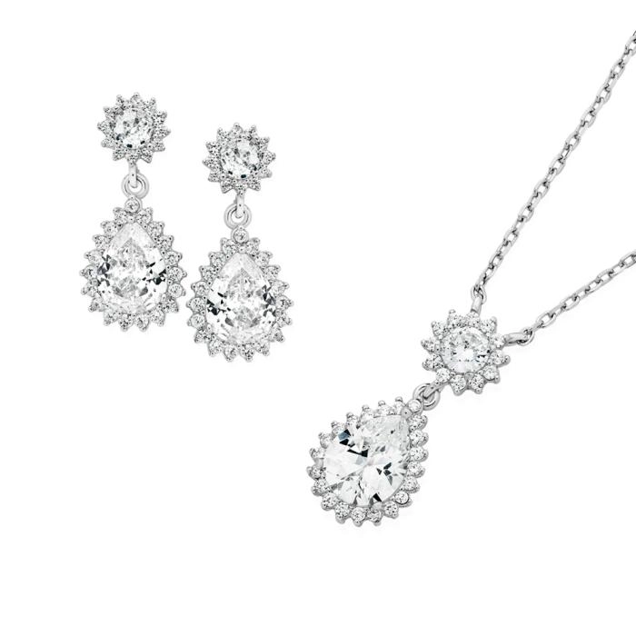 Sterling Silver Pear Cubic Zirconia Cluster Pendant & Earring Set