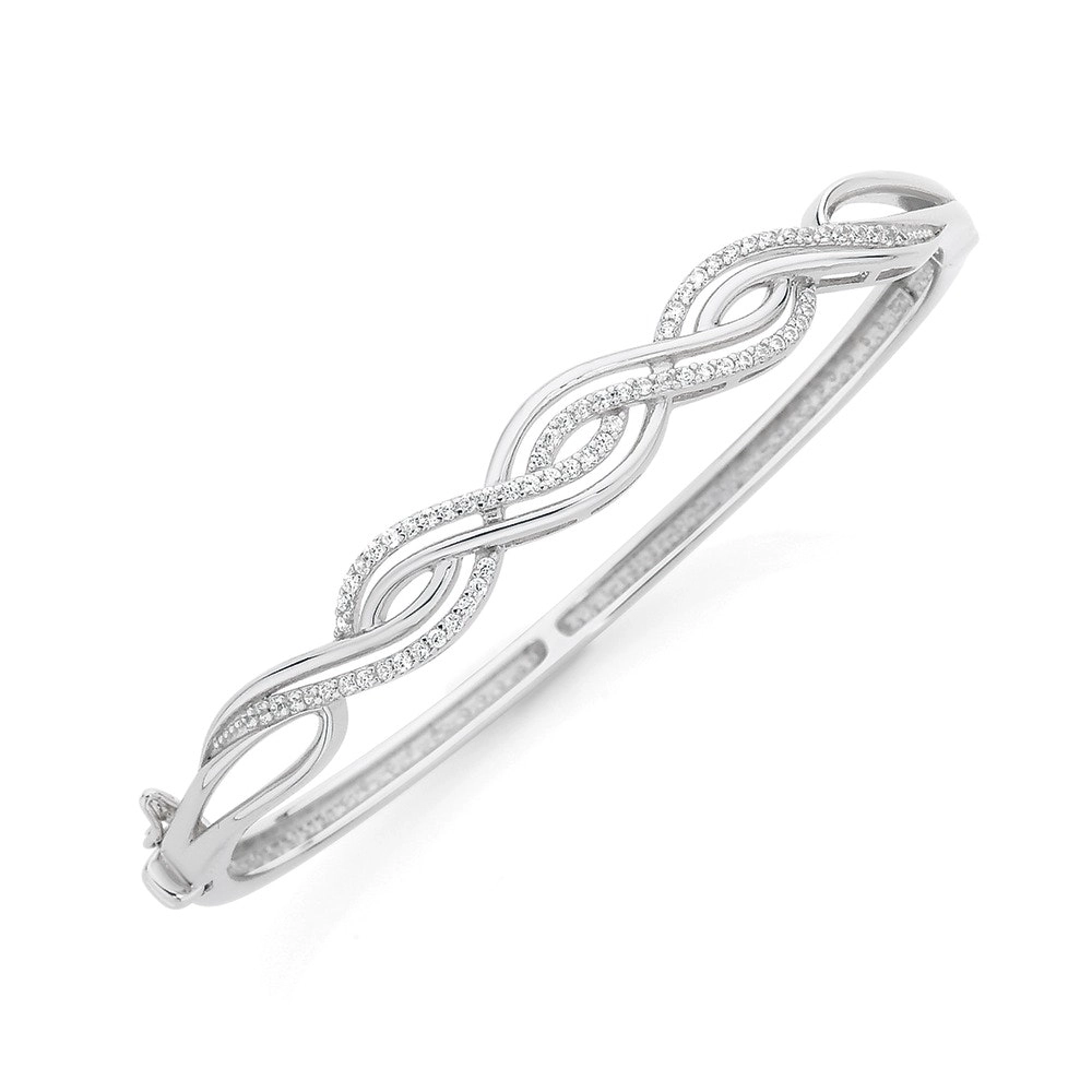 Sterling Silver Plain & Cubic Zirconia Twist Bangle