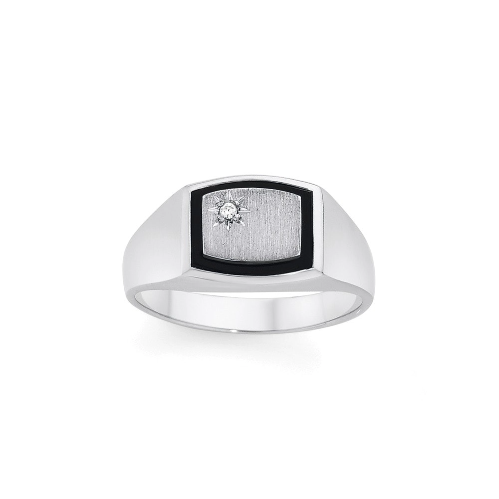 Sterling Silver Satin Signet with Black Border Cubic Zirconia Gents Ring