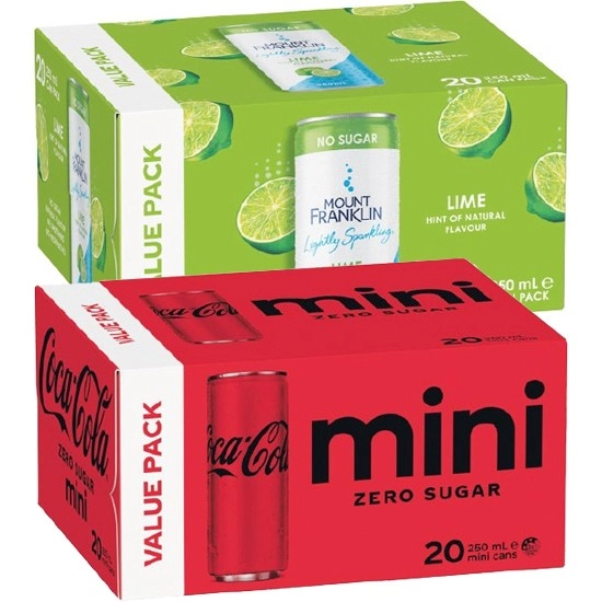 Coca-Cola or Mount Franklin Mini Can Varieties 20 x 250ml