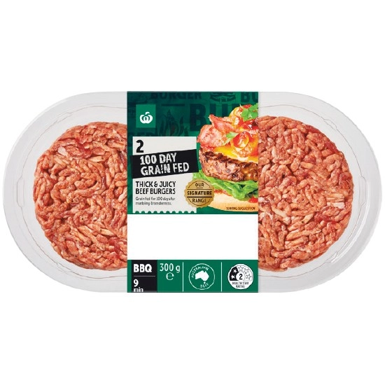 Woolworths 100 Day Grain Fed Thick & Juicy Beef Burgers 300g Pk 2