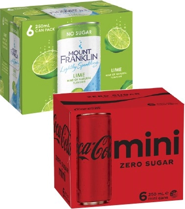 Coca-Cola or Mt Franklin Mini Cans 6x250mL