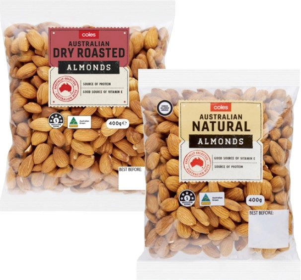 Coles Dry Roasted, Natural or Smoked Almonds 400g Pack