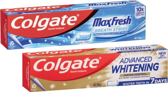 Colgate Advanced Tartar & Whitening or Max Fresh Toothpaste 200g