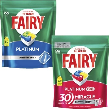 Fairy Platinum Dishwashing Tablets 52 Pack or Platinum Plus 42 Pack