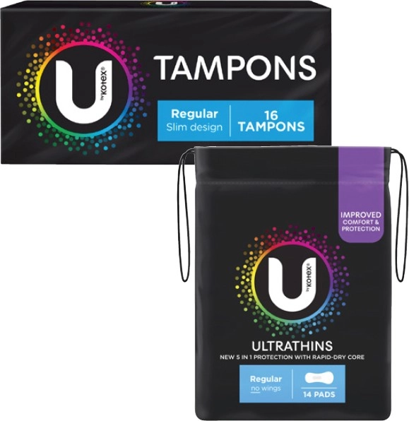 U By Kotex Regular Ultra Thin Pads with Wings 14 Pack or Regular Tampons 16 Pack