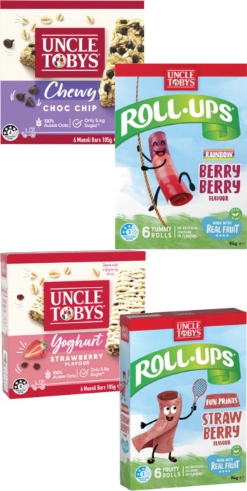 Uncle Tobys Muesli Bars 185g or Roll Ups 94g