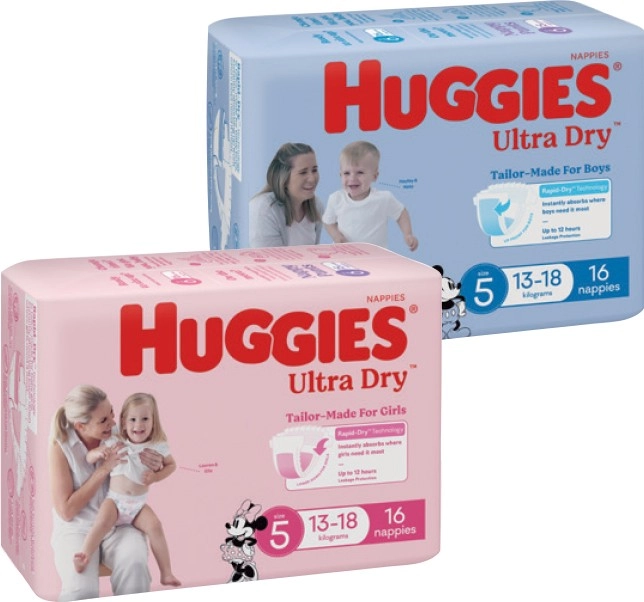 Huggies Ultra Dry, Newborn or Infant Nappies 14-28 Pack Selected Varieties