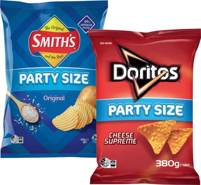 Doritos Corn Chips, Smith’s Crinkle Cut 380g or Red Rock Deli Chips Party Size 290g Selected Varieties