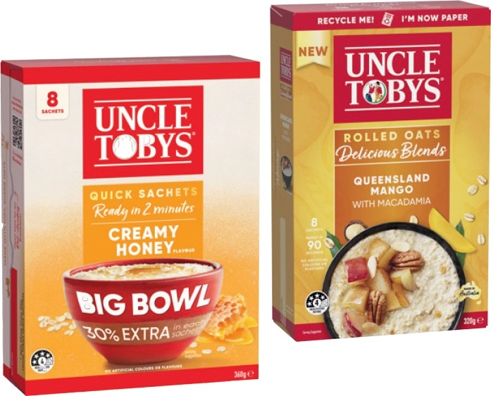 Uncle Tobys Big Bowl Quick Sachets or Delicious Blends Rolled Oats 8 Pack Selected Varieties